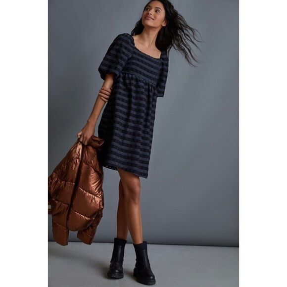 NEW Anthropologie Marla Flounce Puff-Sleeve Square Neck Black Mini Dress X-Small - Picture 1 of 4
